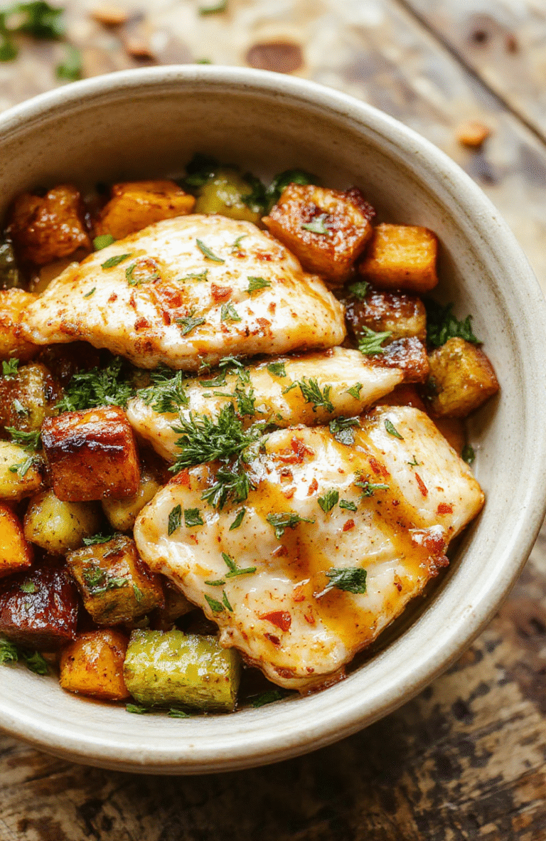 Colorful sheet pan dinner featuring glazed chicken breasts atop caramelized roasted sweet potatoes, vibrant bell peppers, and green broccoli, all arranged neatly on a rustic wooden surface, with a glossy, sticky maple Dijon glaze coating the chicken and vegetables, styled casually with natural lighting emphasizing textures and colors.