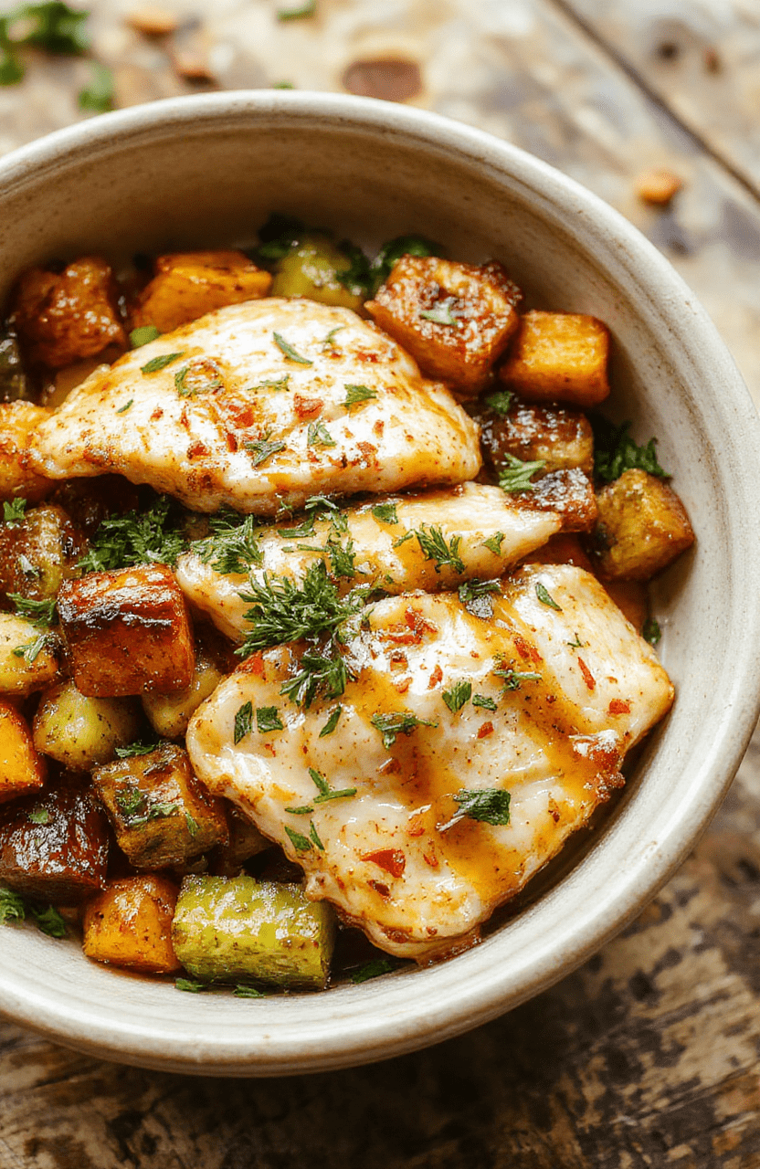 Colorful sheet pan dinner featuring glazed chicken breasts atop caramelized roasted sweet potatoes, vibrant bell peppers, and green broccoli, all arranged neatly on a rustic wooden surface, with a glossy, sticky maple Dijon glaze coating the chicken and vegetables, styled casually with natural lighting emphasizing textures and colors.