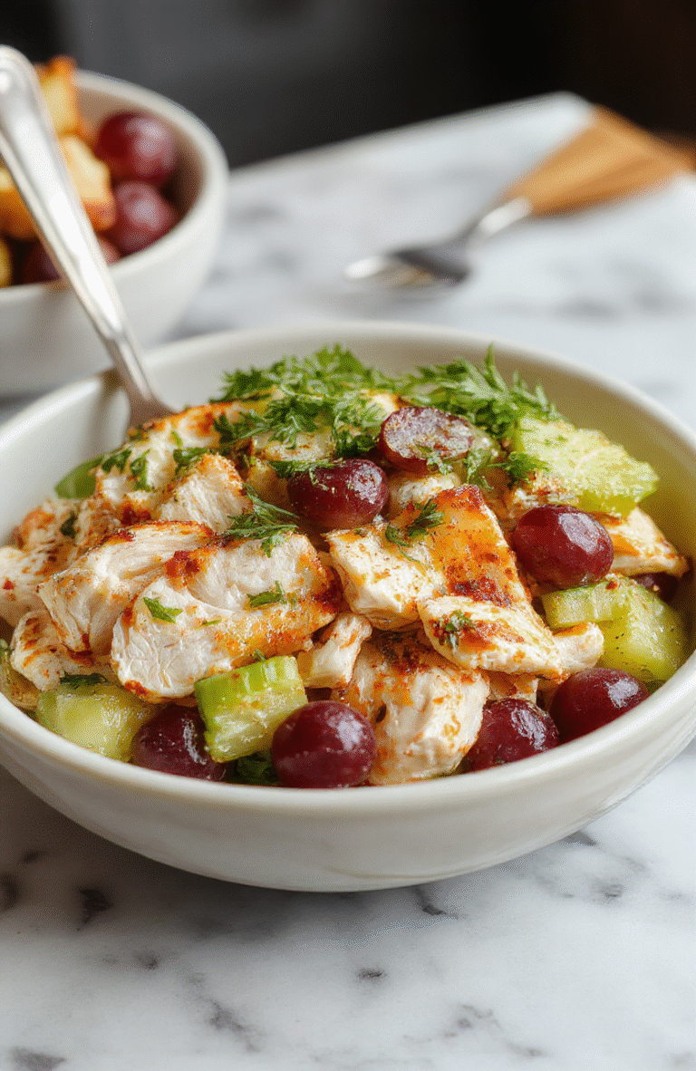 Colorful chicken salad served in a clear glass bowl, topped with fresh herbs and diced vegetables, showcasing creamy textures and vibrant colors.