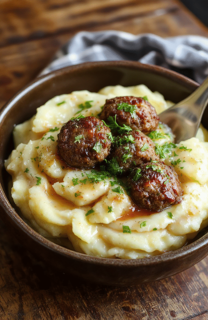 A plate featuring golden-brown Salisbury steak meatballs topped with rich gravy, surrounded by creamy garlic herb mashed potatoes garnished with fresh herbs, styled on rustic wooden table with a soft-focus background.