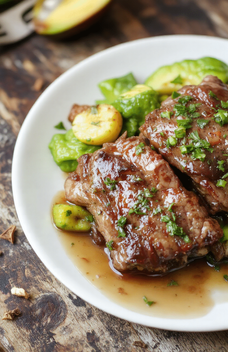 Colorful pepper steak served on a white plate, topped with sliced green and red bell peppers, tender beef strips, and a glossy sauce, garnished with chopped green onions. The dish is styled simply on a rustic wooden table, showcasing vibrant reds, greens, and browns, with a focus on the juicy, well-cooked meat and crisp vegetables, inviting a comforting and hearty meal.