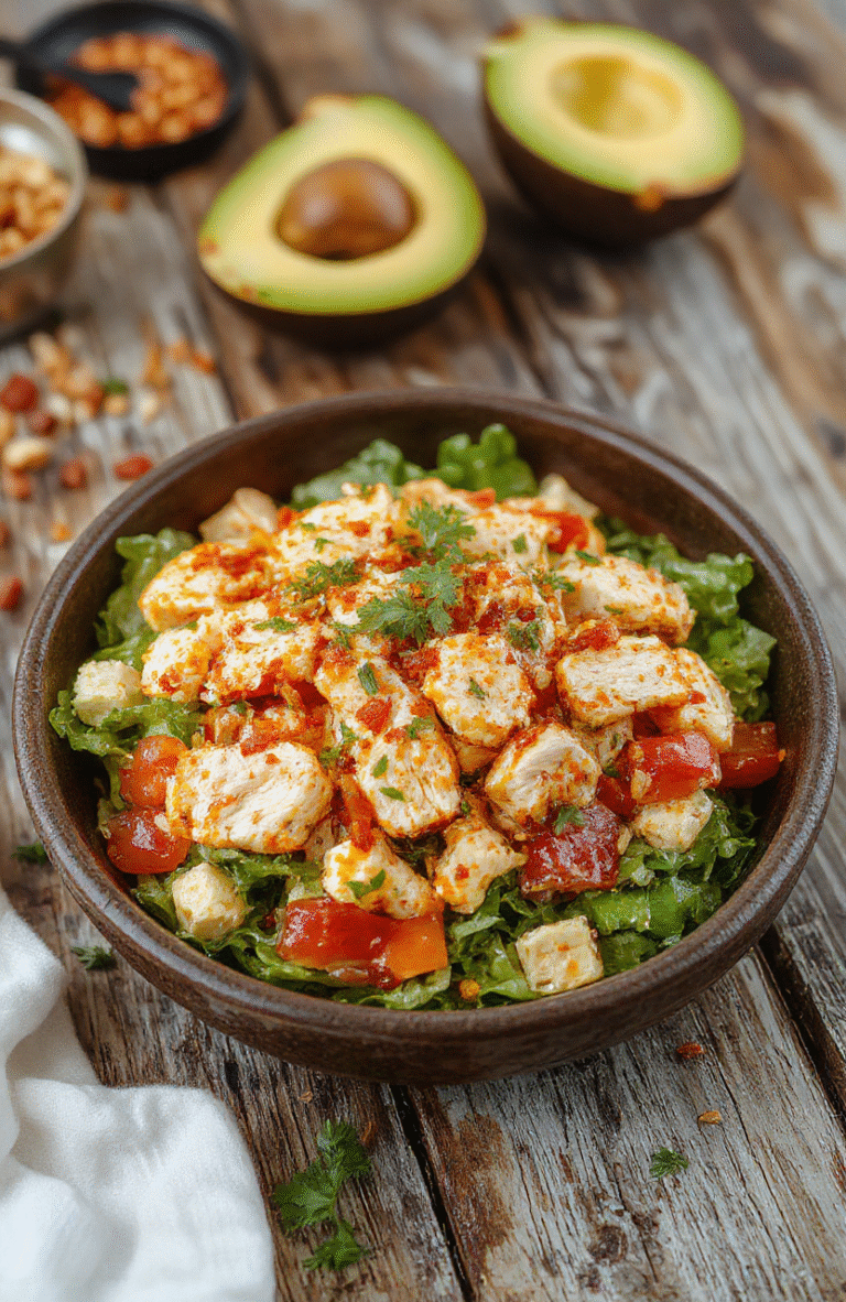 A vibrant bowl of southwest chicken salad featuring grilled chicken slices, colorful bell peppers, corn kernels, black beans, and chopped greens, drizzled with a creamy dressing, styled on a rustic wooden table with fresh lime slices and cilantro garnish, textures are crisp, tender, and juicy.