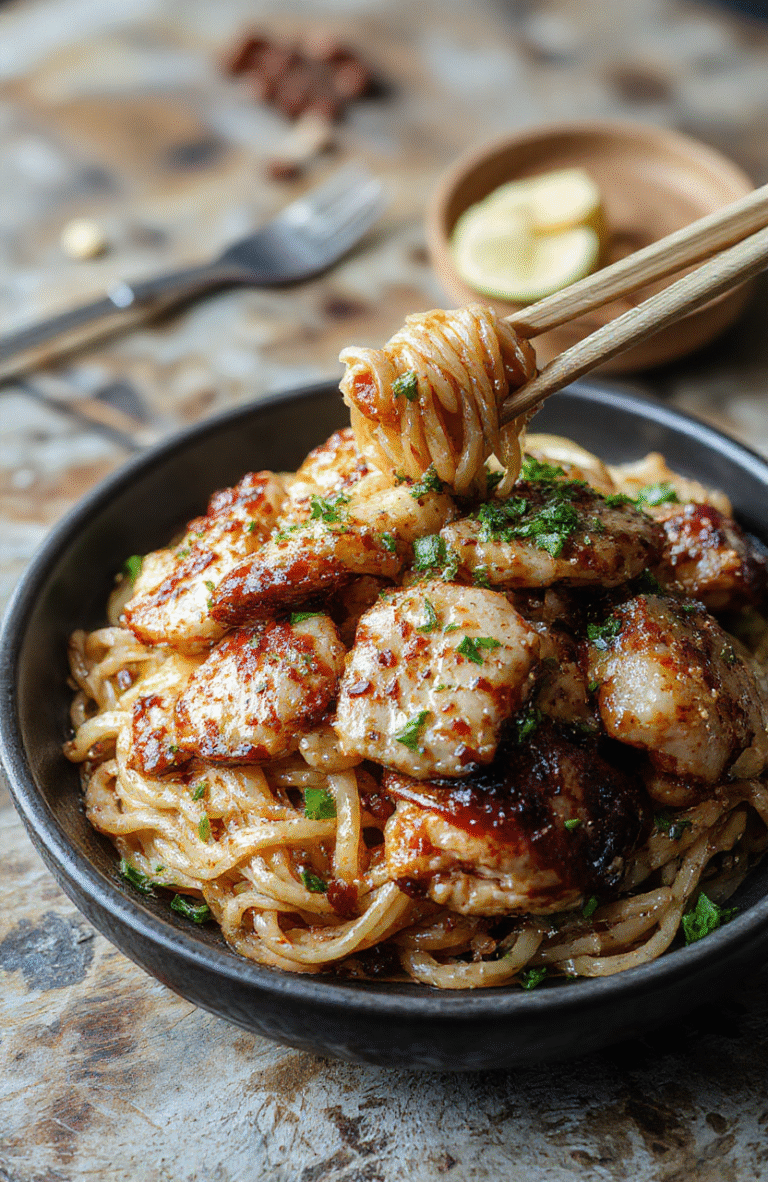 A vibrant plate of sticky garlic chicken noodles featuring tender chicken pieces coated in a glossy garlic sauce, garnished with chopped green onions and sesame seeds, served over perfectly cooked Asian-style noodles on a rustic wooden table with fresh garlic and chili flakes artistically arranged around.