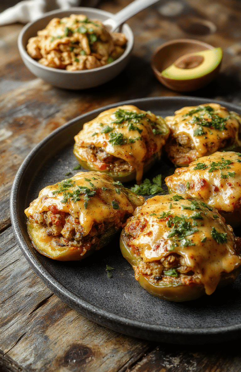 Colorful bell peppers filled with seasoned ground meat, rice, cheese, and fresh toppings, arranged on a rustic wooden table with vibrant ingredients visible.