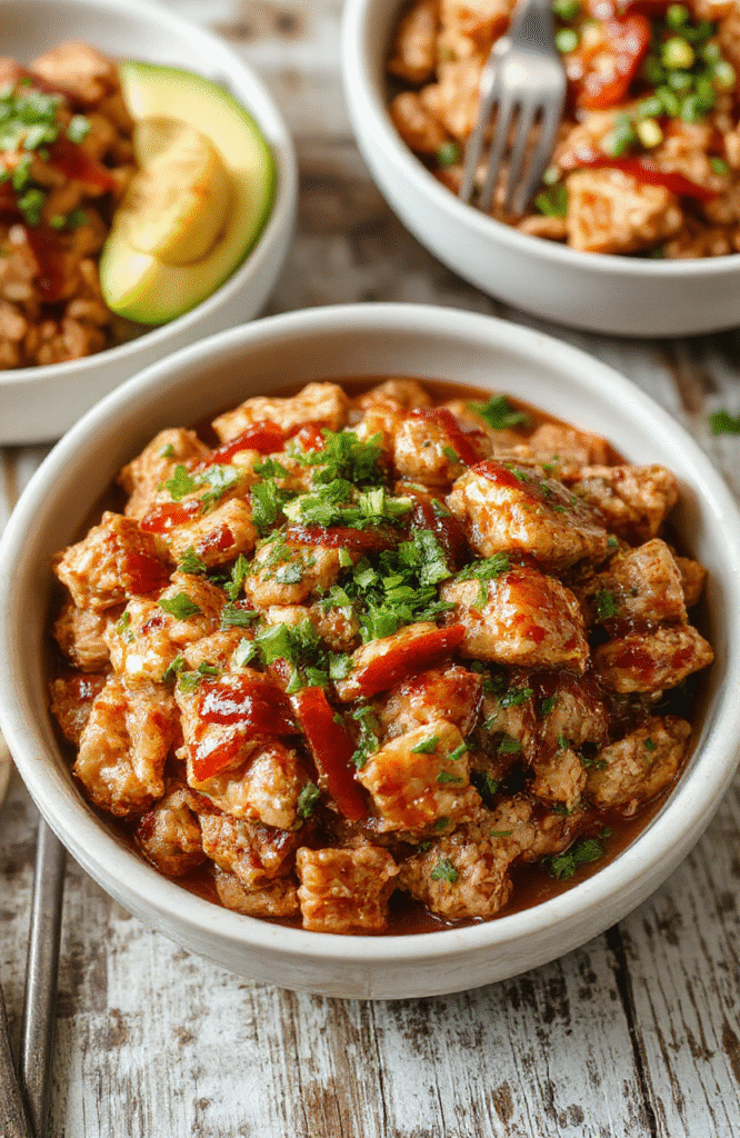 Colorful terrycloth bowl filled with glazed ground turkey topped with sesame seeds and chopped green onions, served over steamed rice with vibrant vegetables on a rustic wooden table, sunlight highlighting the glossy sauce and fresh ingredients.