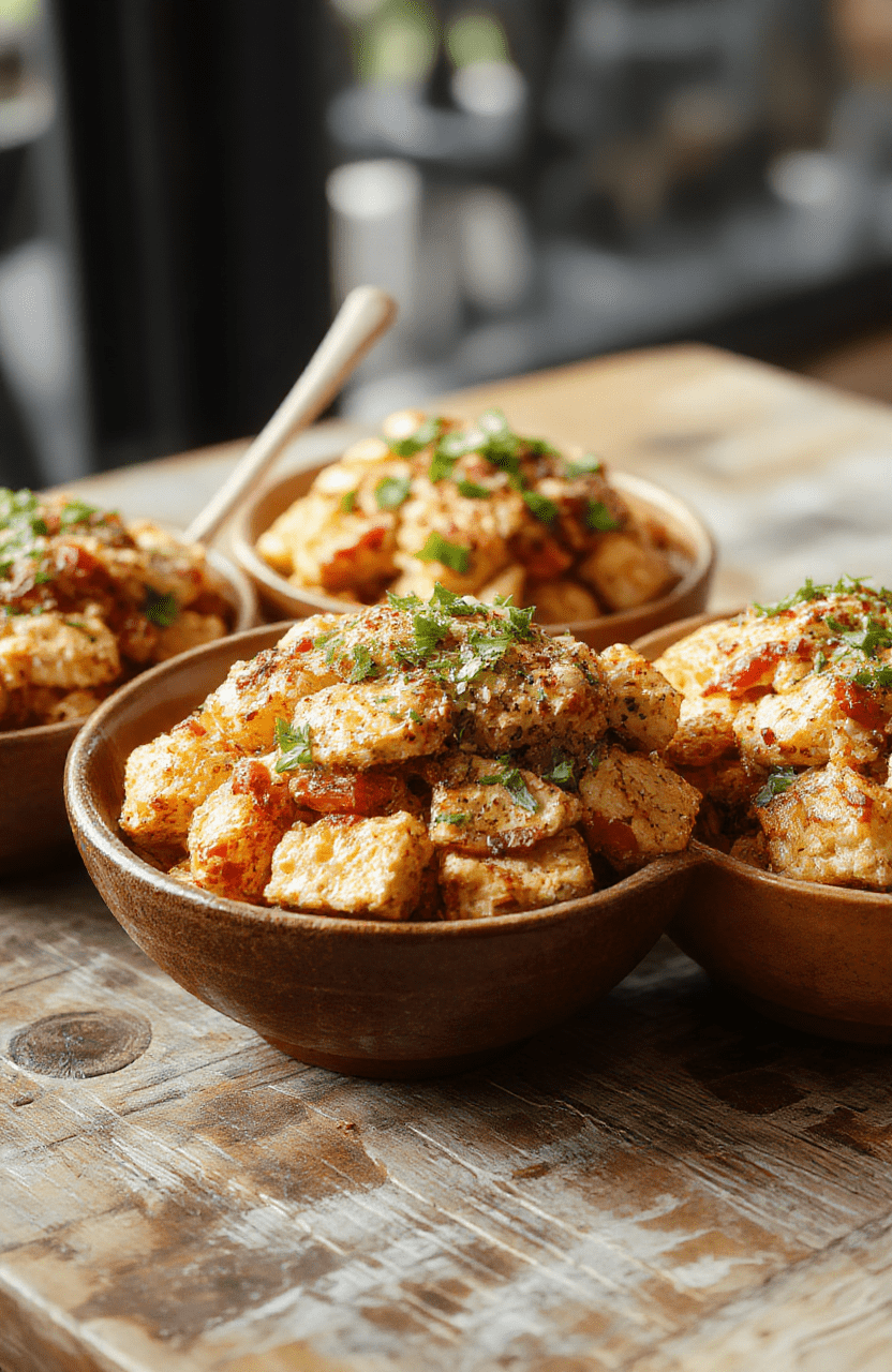 Vivid close-up of a vibrant chicken bowl topped with crispy chicken pieces coated in a glossy spicy sauce, garnished with green scallions and sesame seeds, served in a white ceramic bowl on a rustic wooden surface, highlighting the textures and bright colors of the ingredients.
