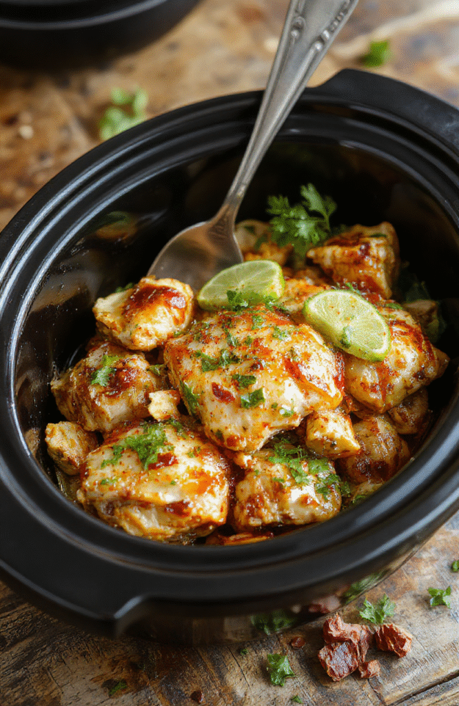 Colorful Cilantro Lime Chicken served on a white ceramic plate, garnished with fresh cilantro and lime wedges, with a textured wooden table background, emphasizing vibrant green herbs and golden-brown chicken pieces, styled simply for an appetizing look