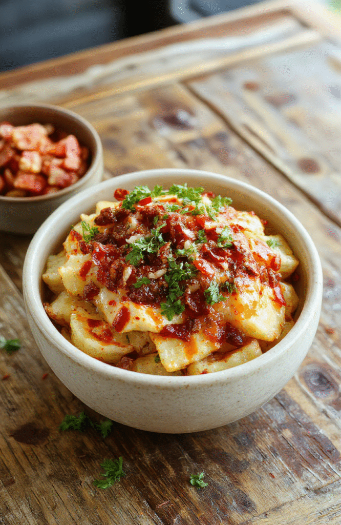 A vibrant loaded potato taco bowl featuring crispy potato chunks topped with seasoned ground meat, melted cheese, fresh lettuce, diced tomatoes, sour cream, and sliced jalapenos, arranged on a colorful plate with a rustic wooden background, highlighting textures and fresh ingredients.
