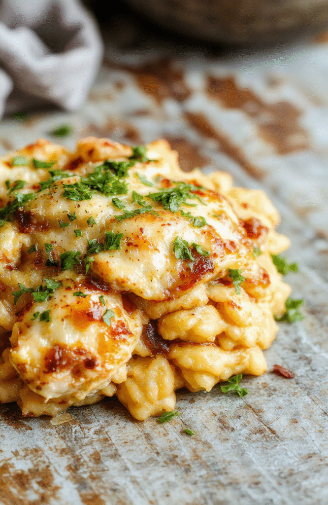 A vibrant casserole dish topped with melted cheesy golden-brown onions and tender chicken pieces, surrounded by aromatic herbs, served on a rustic wooden table with a spoon and a side salad.