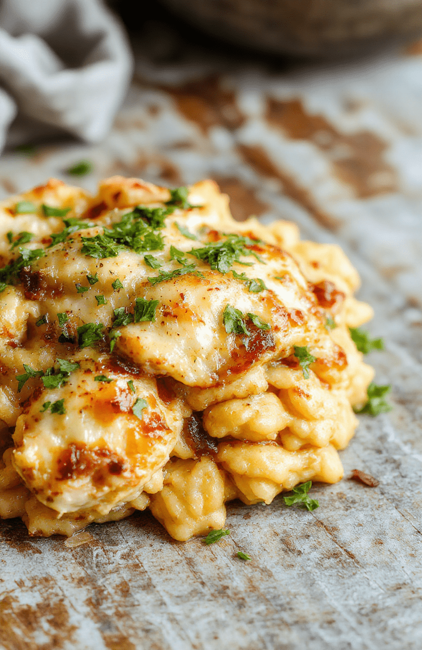 A vibrant casserole dish topped with melted cheesy golden-brown onions and tender chicken pieces, surrounded by aromatic herbs, served on a rustic wooden table with a spoon and a side salad.