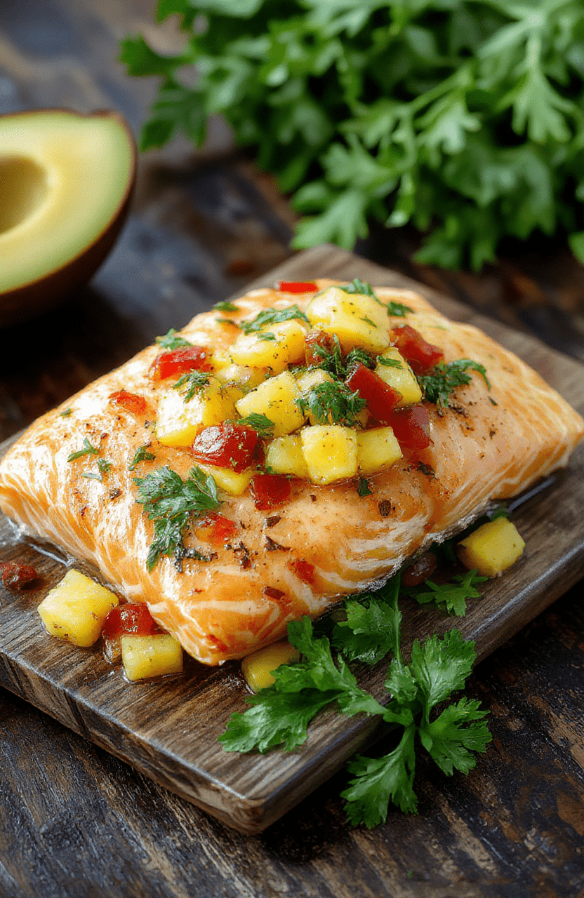 A vibrant plate of grilled salmon topped with fresh mango salsa featuring diced mango, red onion, cilantro, and jalapeno, garnished with lime wedges, colorful and appetizing, styled with a modern white plate on a rustic wooden table.