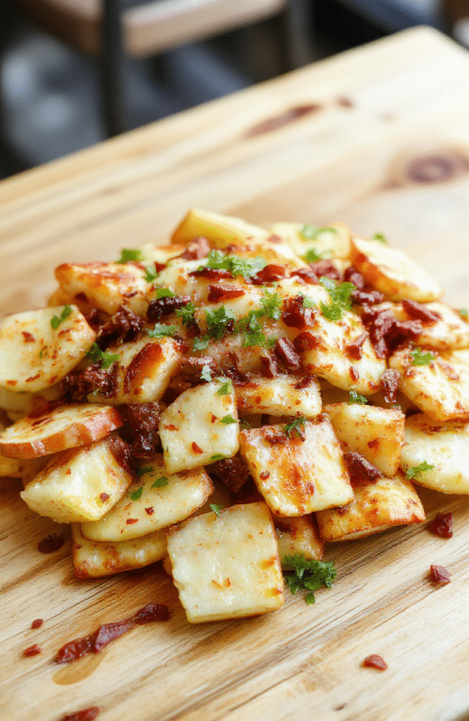 Vivid colorful apple slices topped with a drizzle of nut butter, sprinkled with granola, chocolate chips, and shredded coconut on a white plate, styled minimally with a blurred wooden background.