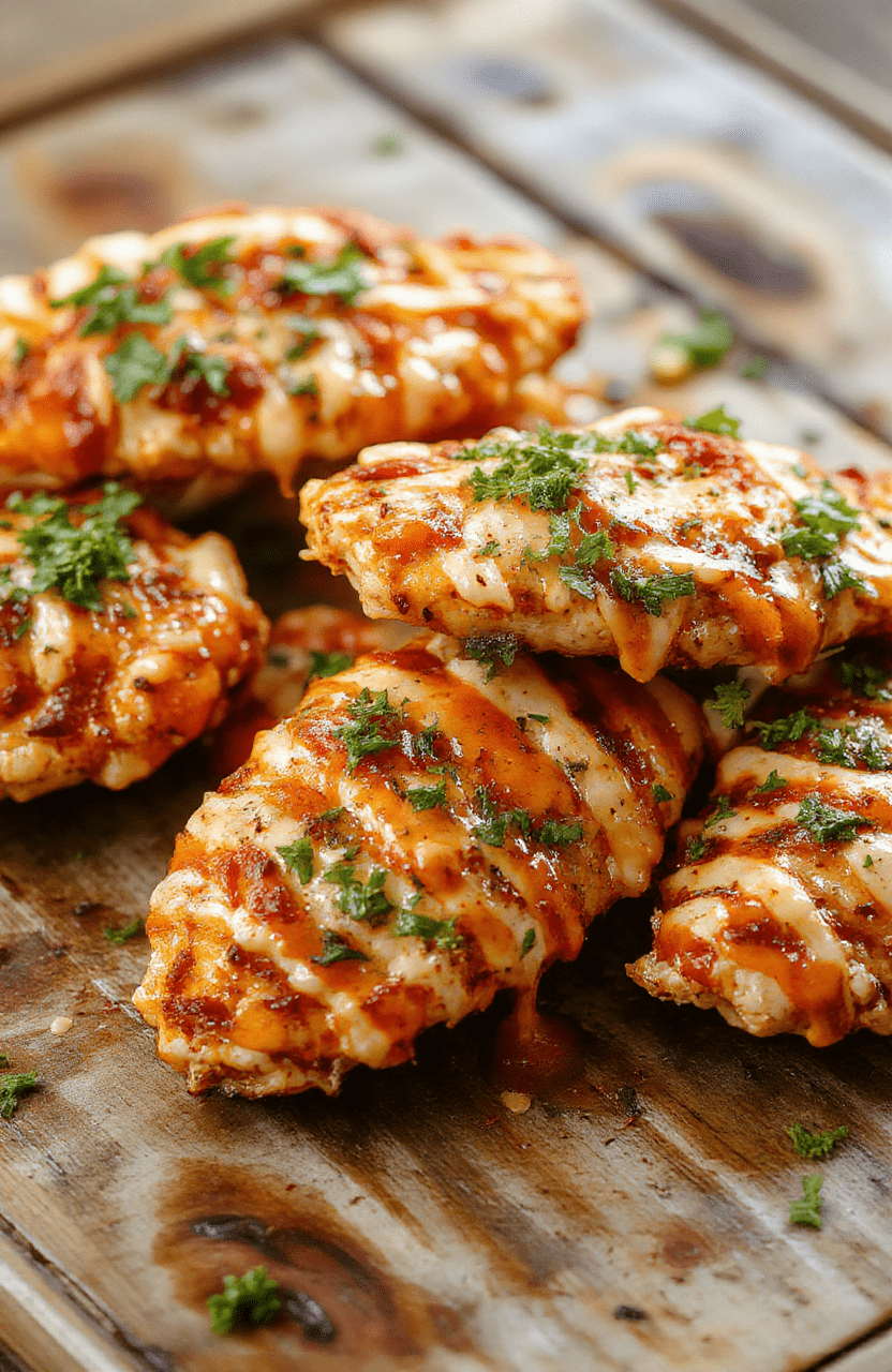 Colorful plate of crispy baked buffalo ranch chicken strips with a side of fresh vegetables, garnished with herbs, showcasing golden-brown texture and vibrant red buffalo sauce drizzle, styled on a rustic wooden table with natural lighting.