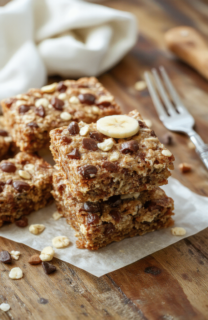 Colorful banana oatmeal bars sliced on a rustic wooden board, showcasing golden-brown edges, soft moist interior with visible banana chunks and oats, styled with fresh banana slices and a sprinkle of cinnamon, on a neutral textured surface with natural daylight highlighting textures.