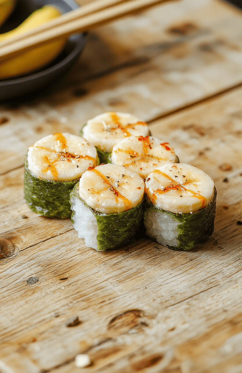 Colorful banana sushi rolls plated on a vibrant wooden table, sliced to reveal bright banana, assorted fruits, and a drizzle of honey, with playful arrangements and a fresh, inviting atmosphere.
