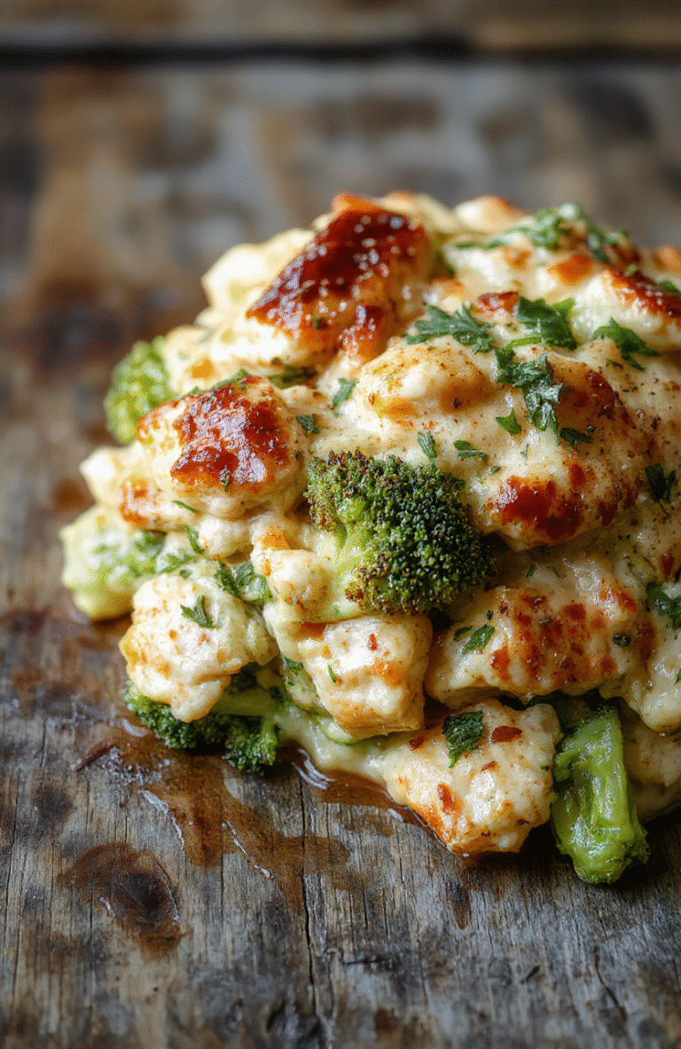 A vibrant plate featuring a golden-brown broccoli chicken casserole, topped with melted cheese and fresh green broccoli florets, styled on a rustic wooden surface with a sprinkle of herbs, showcasing crispy edges and tender chunks, visually appealing and inviting.