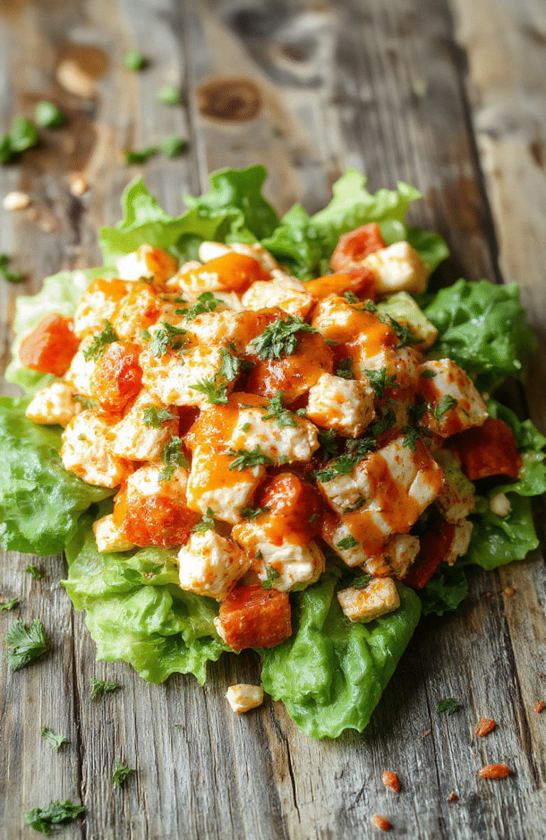 Vibrant buffalo chicken salad served in a clear glass bowl, topped with celery and blue cheese crumbles, colorful vegetables, and drizzled with buffalo sauce, styled on a rustic wooden plate with fresh greens around.