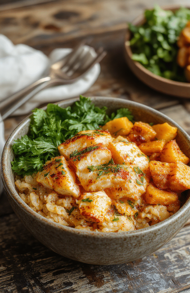 A vibrant rice bowl featuring roasted sweet potatoes, sliced grilled chicken, fresh greens, and colorful toppings plated beautifully on a rustic wooden table, with textures ranging from crispy sweet potatoes to tender chicken and crisp greens, styled with a sprinkle of herbs for a fresh look