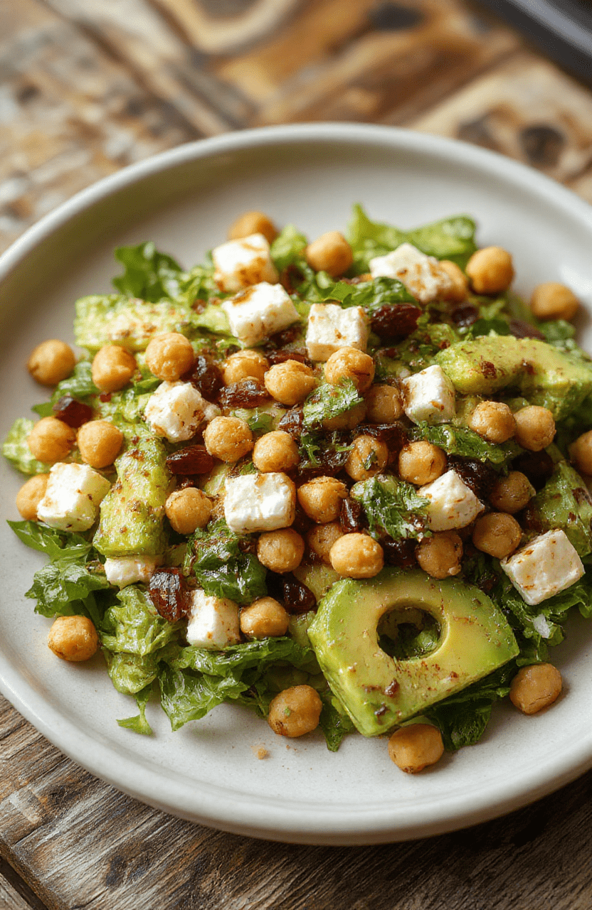 Colorful chickpea feta avocado salad in a white bowl, featuring vibrant green avocado slices, crumbly feta cheese, plump chickpeas, cherry tomatoes, and fresh herbs, arranged artfully with a drizzle of olive oil on a rustic wooden table, with a light natural background, highlighting textures and freshness.