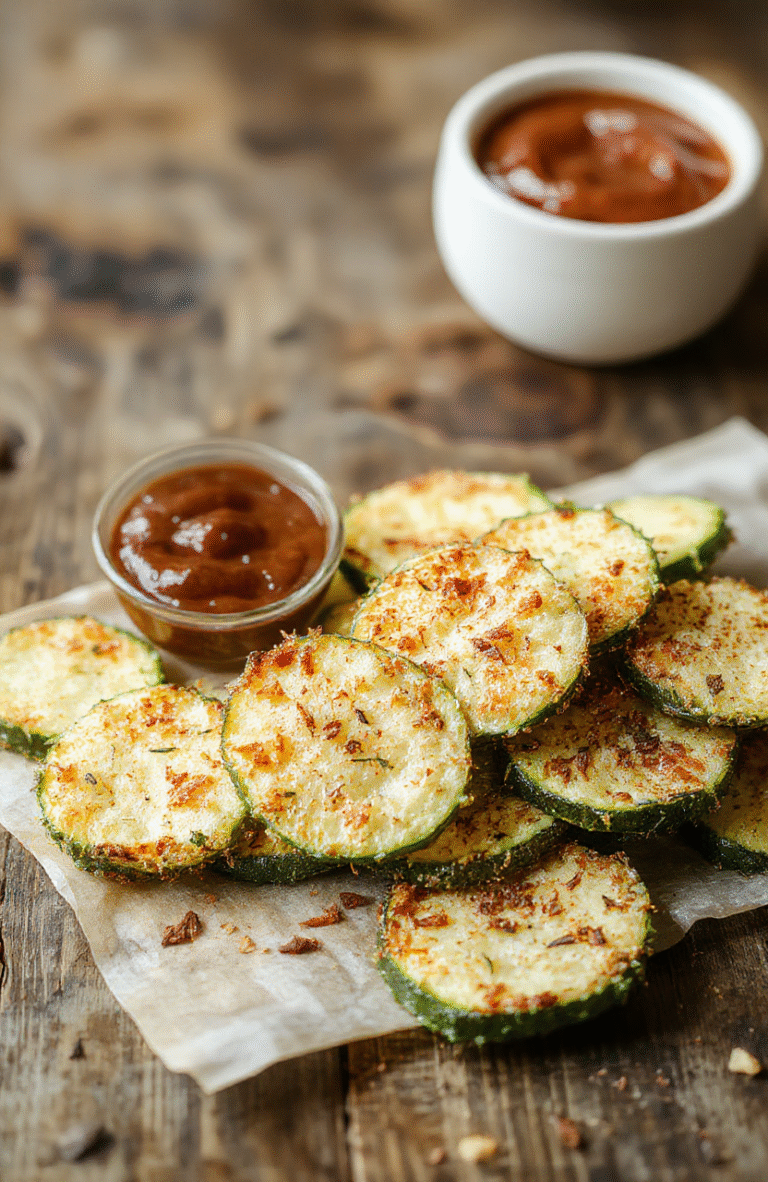 Colorful plate of crispy baked zucchini fries arranged neatly on a rustic wooden surface, garnished with fresh herbs, with a crispy golden-brown texture and tender green zucchini interior, styled in a casual, inviting manner.