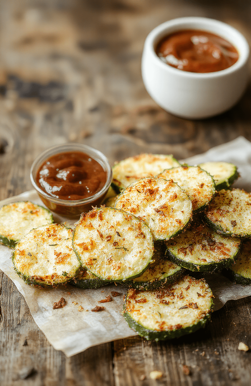 Colorful plate of crispy baked zucchini fries arranged neatly on a rustic wooden surface, garnished with fresh herbs, with a crispy golden-brown texture and tender green zucchini interior, styled in a casual, inviting manner.