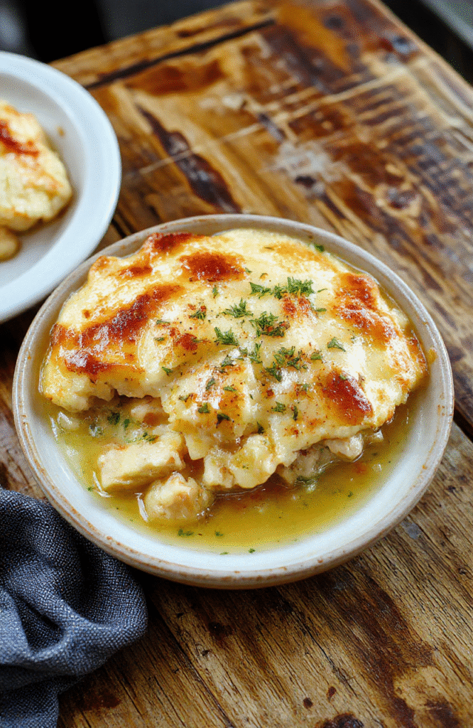 A vibrant, golden-brown crustless chicken pot pie served in a rustic white bowl with steam gently rising, colorful vegetables, tender chicken chunks, creamy sauce, surrounded by fresh herbs on a neutral wooden surface, styled simply to emphasize the comforting dish with soft natural lighting.
