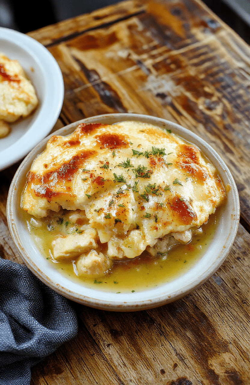 A vibrant, golden-brown crustless chicken pot pie served in a rustic white bowl with steam gently rising, colorful vegetables, tender chicken chunks, creamy sauce, surrounded by fresh herbs on a neutral wooden surface, styled simply to emphasize the comforting dish with soft natural lighting.