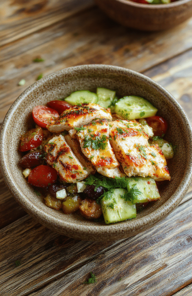 A vibrant Mediterranean chicken bowl featuring grilled chicken slices, cherry tomatoes, cucumbers, olives, and feta cheese, all arranged on a rustic ceramic plate with fresh herbs sprinkled on top, with colorful ingredients contrasting against a wooden table backdrop.