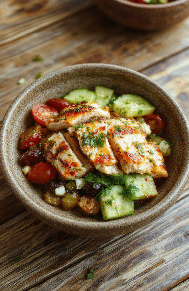 A vibrant Mediterranean chicken bowl featuring grilled chicken slices, cherry tomatoes, cucumbers, olives, and feta cheese, all arranged on a rustic ceramic plate with fresh herbs sprinkled on top, with colorful ingredients contrasting against a wooden table backdrop.