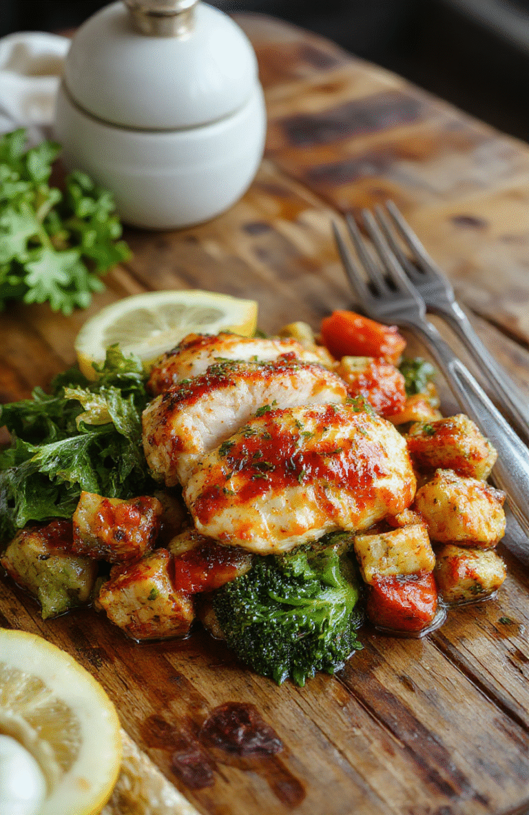Colorful plate featuring tender chicken pieces topped with fresh green herbs, surrounded by vibrant roasted vegetables like carrots, bell peppers, and zucchini, all glistening with a light sauce, arranged neatly on a rustic wooden table with natural daylight highlighting the textures and colors.