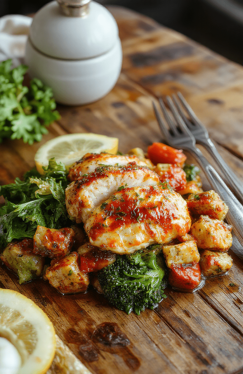 Colorful plate featuring tender chicken pieces topped with fresh green herbs, surrounded by vibrant roasted vegetables like carrots, bell peppers, and zucchini, all glistening with a light sauce, arranged neatly on a rustic wooden table with natural daylight highlighting the textures and colors.
