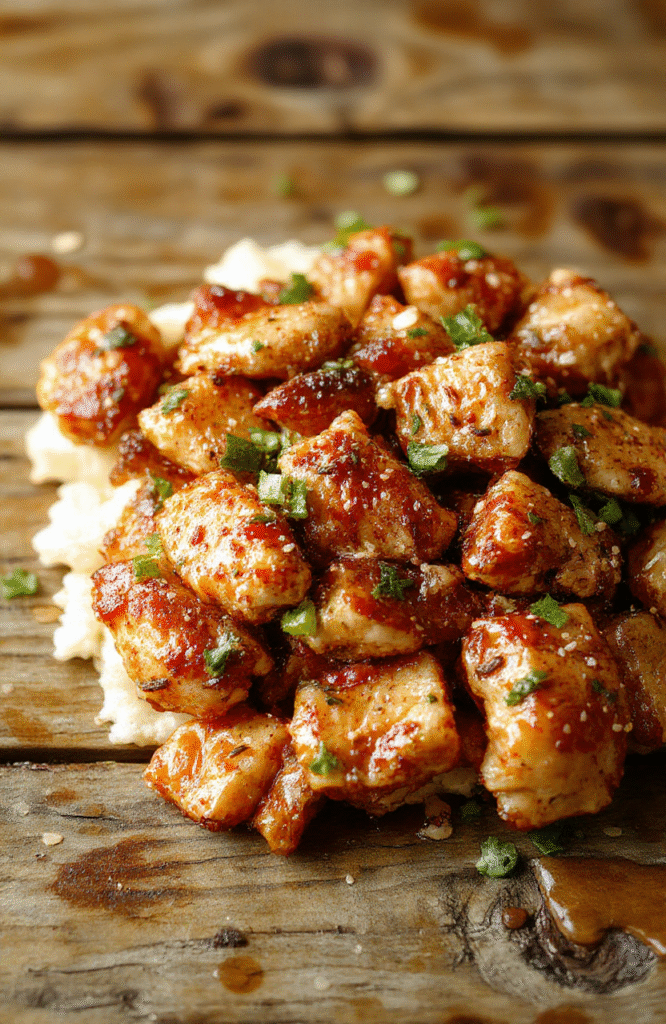 Colorful sesame chicken plated beautifully with a glossy glaze, garnished with sesame seeds and chopped green onions on a modern white plate, surrounded by fresh vegetables and rice, styled simply with natural daylight highlighting the textures.