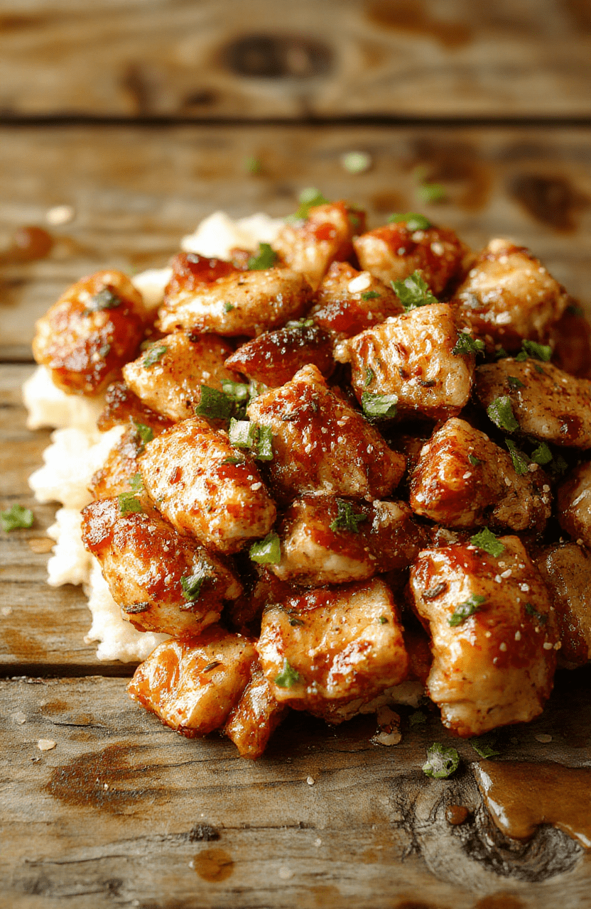 Colorful sesame chicken plated beautifully with a glossy glaze, garnished with sesame seeds and chopped green onions on a modern white plate, surrounded by fresh vegetables and rice, styled simply with natural daylight highlighting the textures.