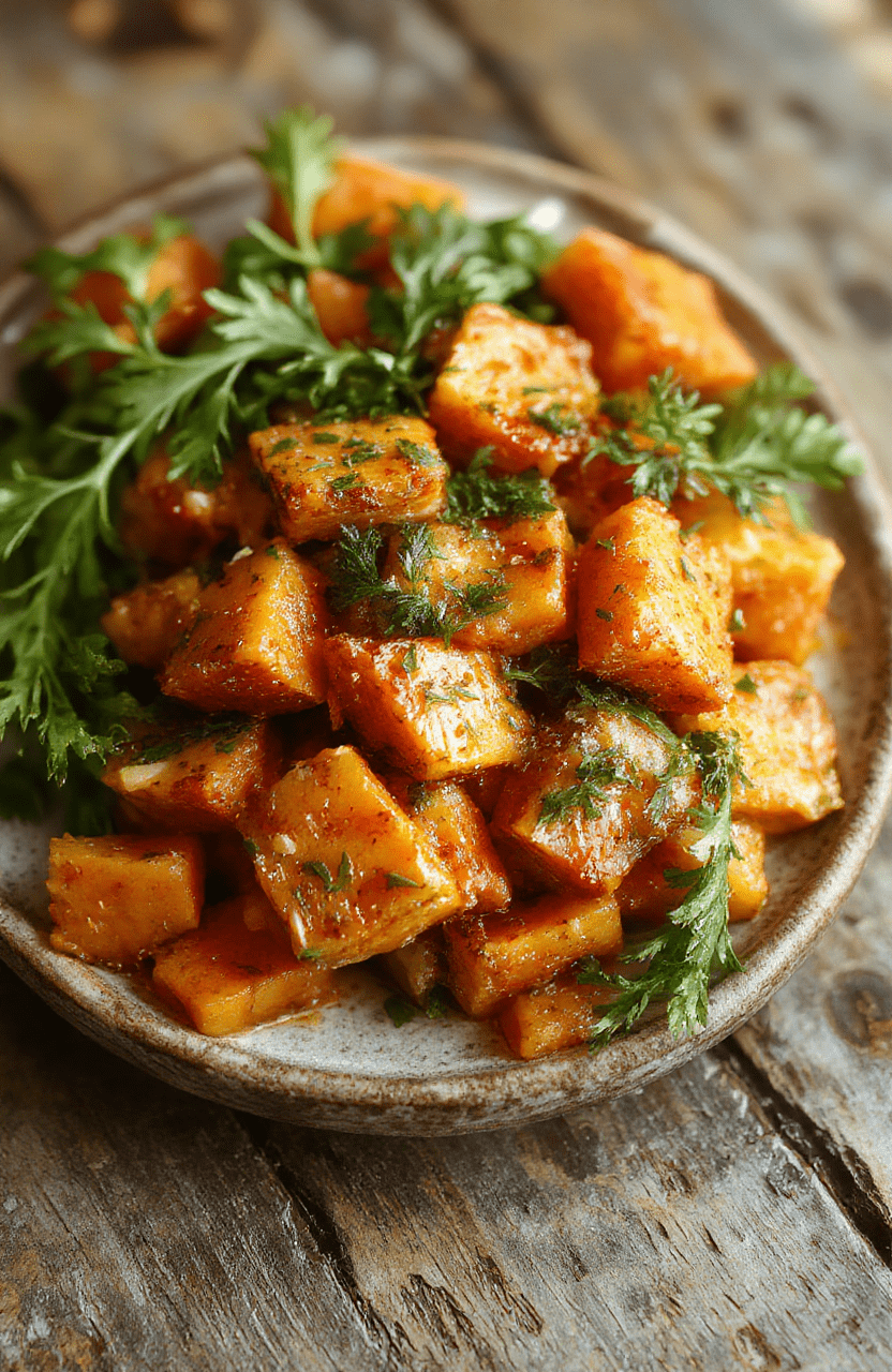 Vibrant orange smashed carrots served on a rustic wooden platter, glossy and tender with a hint of fresh herbs sprinkled on top, styled with a sprinkle of black pepper and a drizzle of olive oil, natural lighting highlighting the textures and colors.