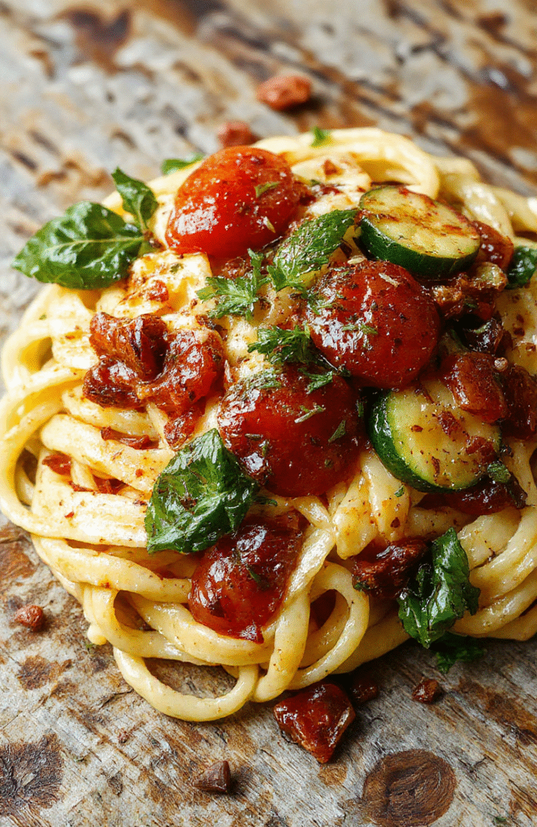 Colorful vegetarian pasta dish plated neatly with spiralized zucchini noodles topped with vibrant cherry tomatoes, fresh basil, and a drizzle of olive oil, styled on a rustic wooden surface with natural daylight highlighting the textures.
