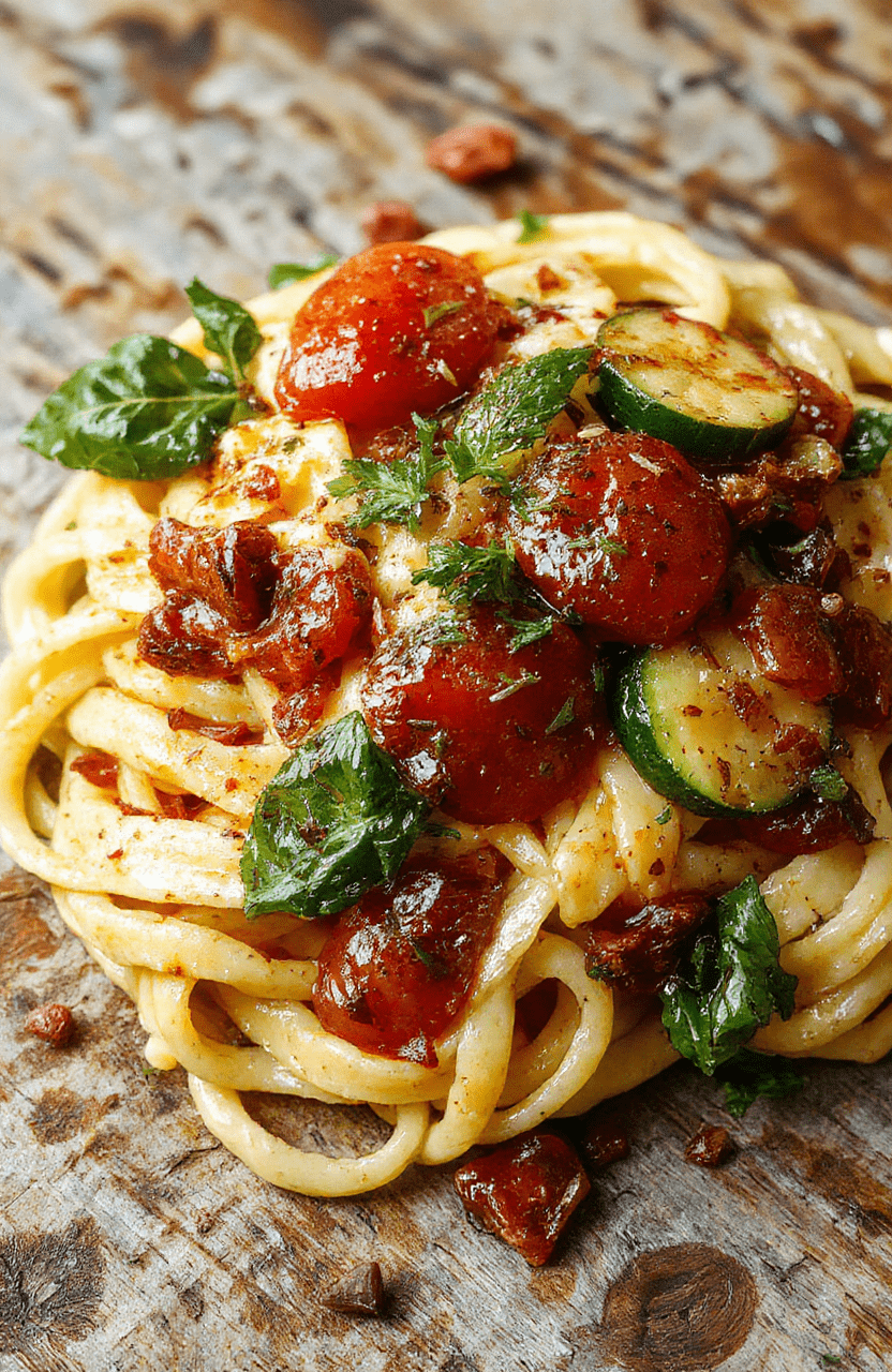 Colorful vegetarian pasta dish plated neatly with spiralized zucchini noodles topped with vibrant cherry tomatoes, fresh basil, and a drizzle of olive oil, styled on a rustic wooden surface with natural daylight highlighting the textures.