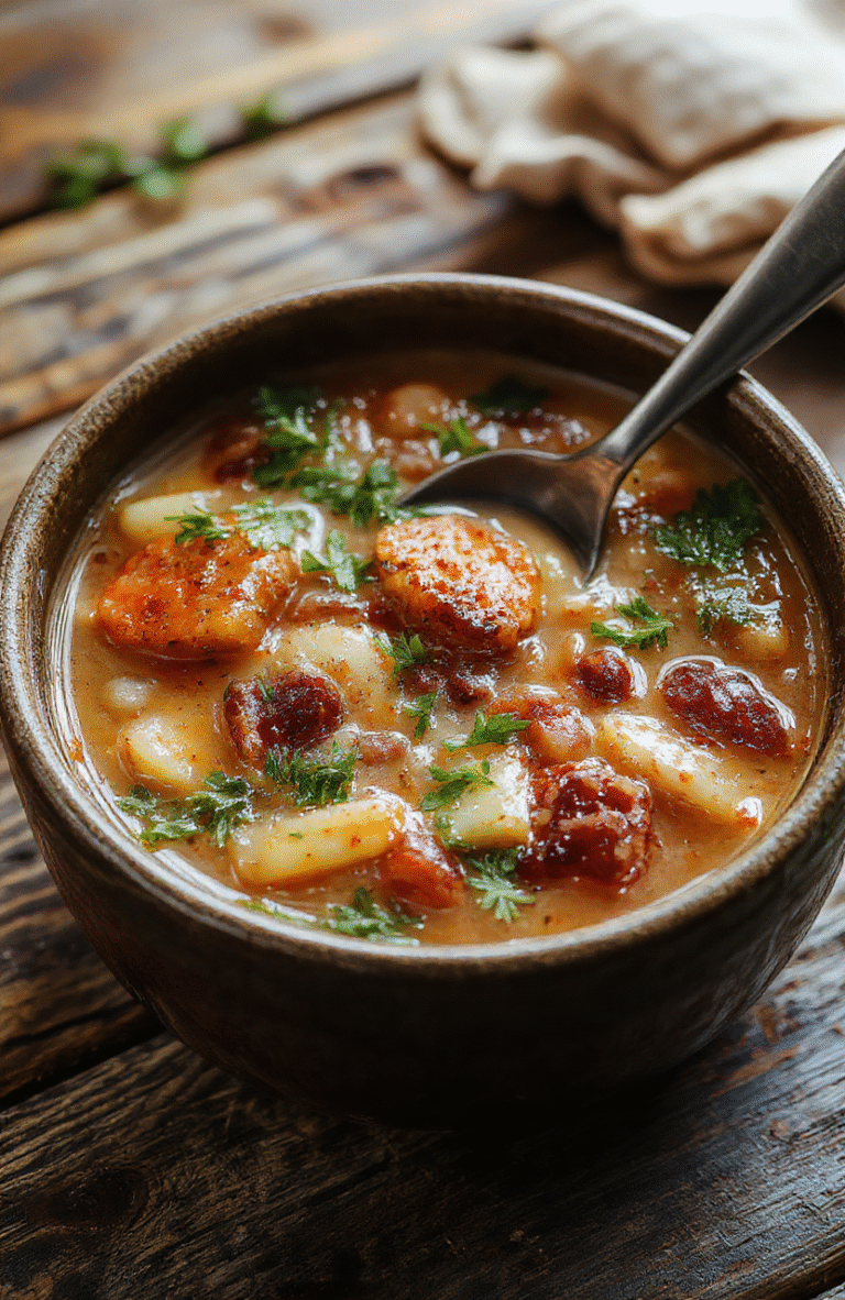 A vibrant bowl of hearty cowboy soup featuring chunks of beef, beans, corn, and vegetables, garnished with fresh cilantro, served in a rustic ceramic bowl on a wooden table with a spoon beside it, colorful and inviting.