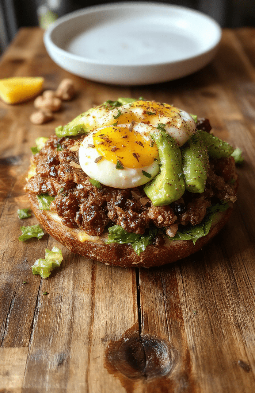 A vibrant plate of high-protein egg and avocado salad featuring sliced hard-boiled eggs, ripe avocado, cherry tomatoes, and fresh herbs arranged artfully on a white ceramic plate, with a drizzle of olive oil and a sprinkle of black pepper, styled with rustic wooden cutlery and a green linen napkin in the background, emphasizing freshness and health.