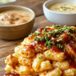 A vibrant, creamy bowl of macaroni and cheese topped with tender, grilled BBQ honey glazed chicken chunks, garnished with fresh herbs, served on a rustic wooden table with a drizzle of BBQ sauce around the edges, showcasing a comforting and hearty presentation with cheesy, gooey textures and colorful ingredients.