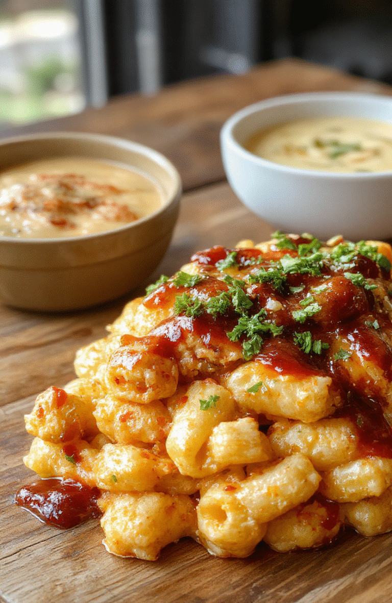 A vibrant, creamy bowl of macaroni and cheese topped with tender, grilled BBQ honey glazed chicken chunks, garnished with fresh herbs, served on a rustic wooden table with a drizzle of BBQ sauce around the edges, showcasing a comforting and hearty presentation with cheesy, gooey textures and colorful ingredients.