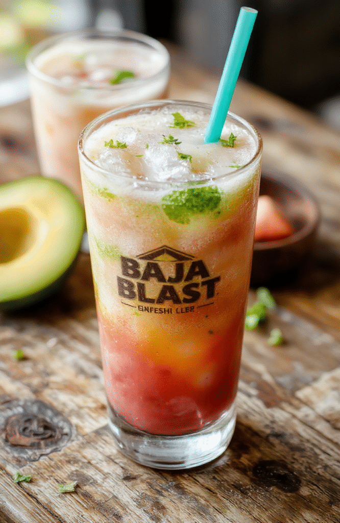 A vivid, colorful glass filled with bright blue Baja Blast-inspired soda garnished with a lime wedge, topped with a frothy white foam, set on a rustic wooden surface, with condensation droplets visible, evoking a chilled, tropical vibe.