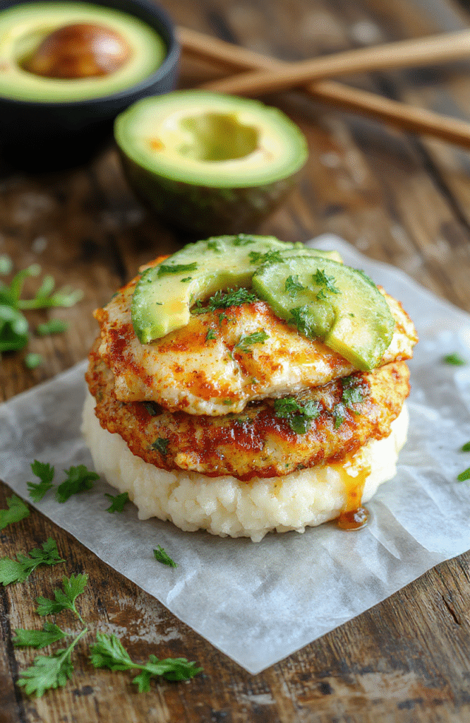 Colorful honey lime chicken slices atop a vibrant rice and avocado stack, garnished with lime wedges and cilantro, styled on a rustic wooden surface with fresh ingredients around.