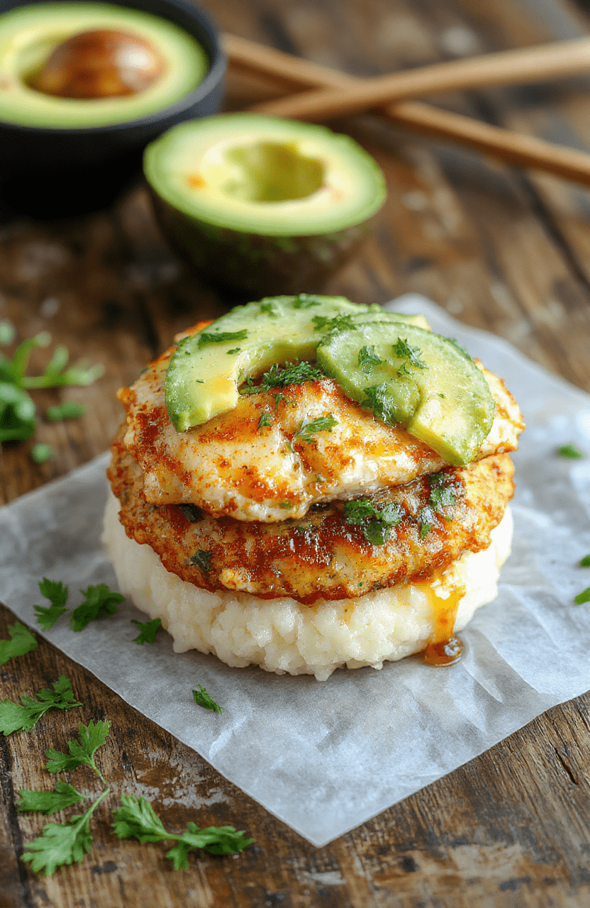 Colorful honey lime chicken slices atop a vibrant rice and avocado stack, garnished with lime wedges and cilantro, styled on a rustic wooden surface with fresh ingredients around.