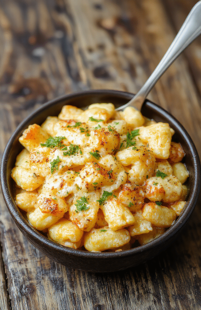 A vibrant bowl of honey pepper chicken mac and cheese with golden crispy chicken pieces, swirls of creamy cheese sauce, and colorful pepper slices on top, styled in a rustic bowl with fresh herbs for garnish.