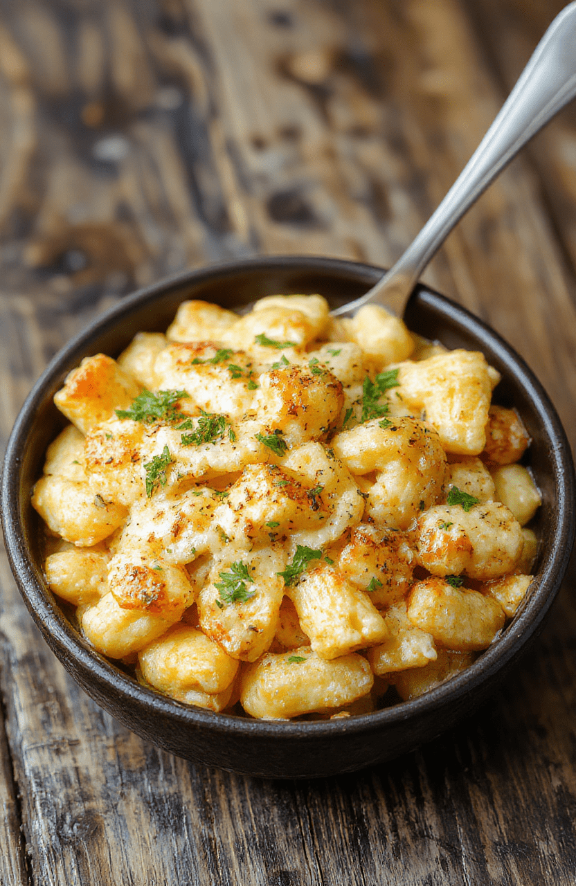 A vibrant bowl of honey pepper chicken mac and cheese with golden crispy chicken pieces, swirls of creamy cheese sauce, and colorful pepper slices on top, styled in a rustic bowl with fresh herbs for garnish.