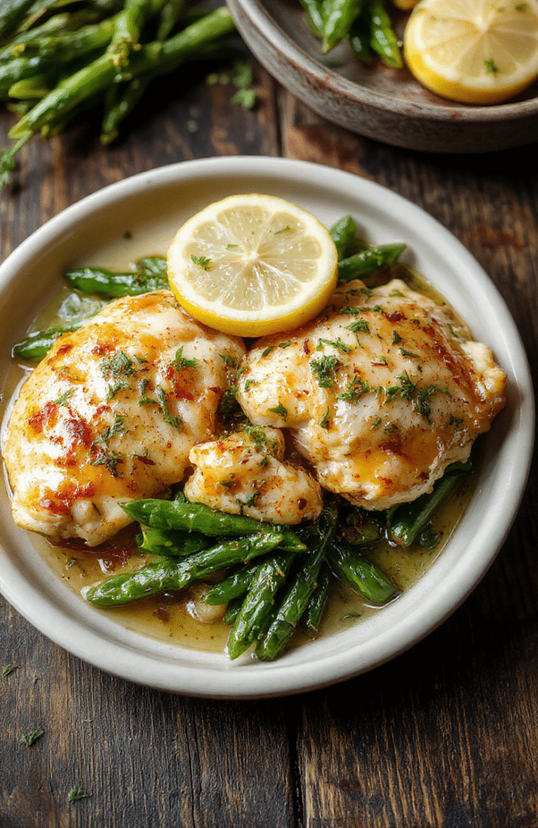 A vibrant plate of lemon garlic butter chicken thighs with fresh green beans, garnished with lemon slices and herbs, arranged on a rustic wooden table with a side of colorful vegetables, showing juicy texture and glossy sauce.
