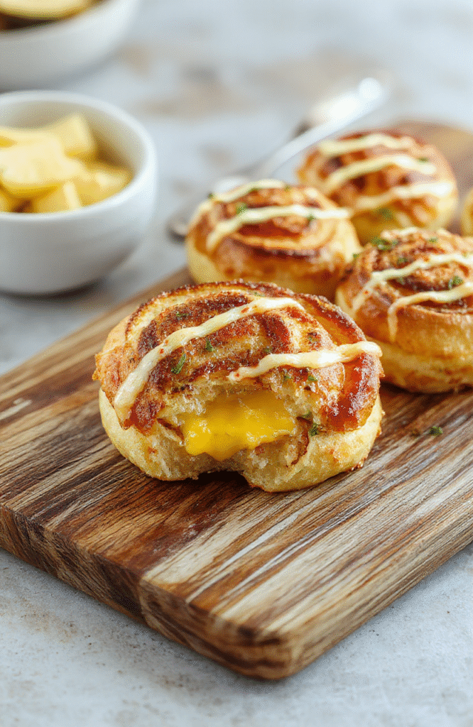Colorful Hawaiian rolls topped with melted cheese and crispy edges, stacked neatly on a rustic wooden board. The rolls are golden brown with hints of melted cheese oozing out, surrounded by fresh herbs and small pineapple chunks for a tropical touch. The scene is vibrant, with a light background that emphasizes the cheesy, melty texture and inviting look of the appetizer.