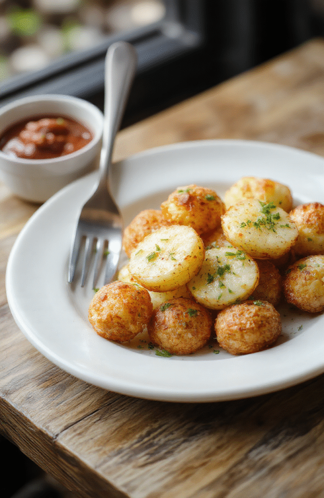 Close-up of golden-brown mini potato bites arranged on a rustic white plate, garnished with fresh herbs, crispy texture visible, vibrant colors from herbs and potatoes, styled on a wooden table with soft natural lighting.