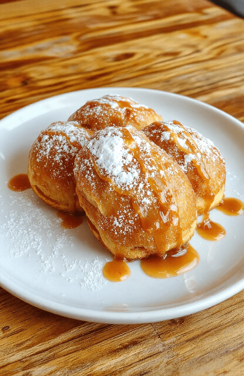 Golden brown bunuelos stacked on a rustic white plate, sprinkled with powdered sugar, surrounded by a warm caramel sauce drizzle, crispy texture visible, served on a wooden table with soft natural lighting.