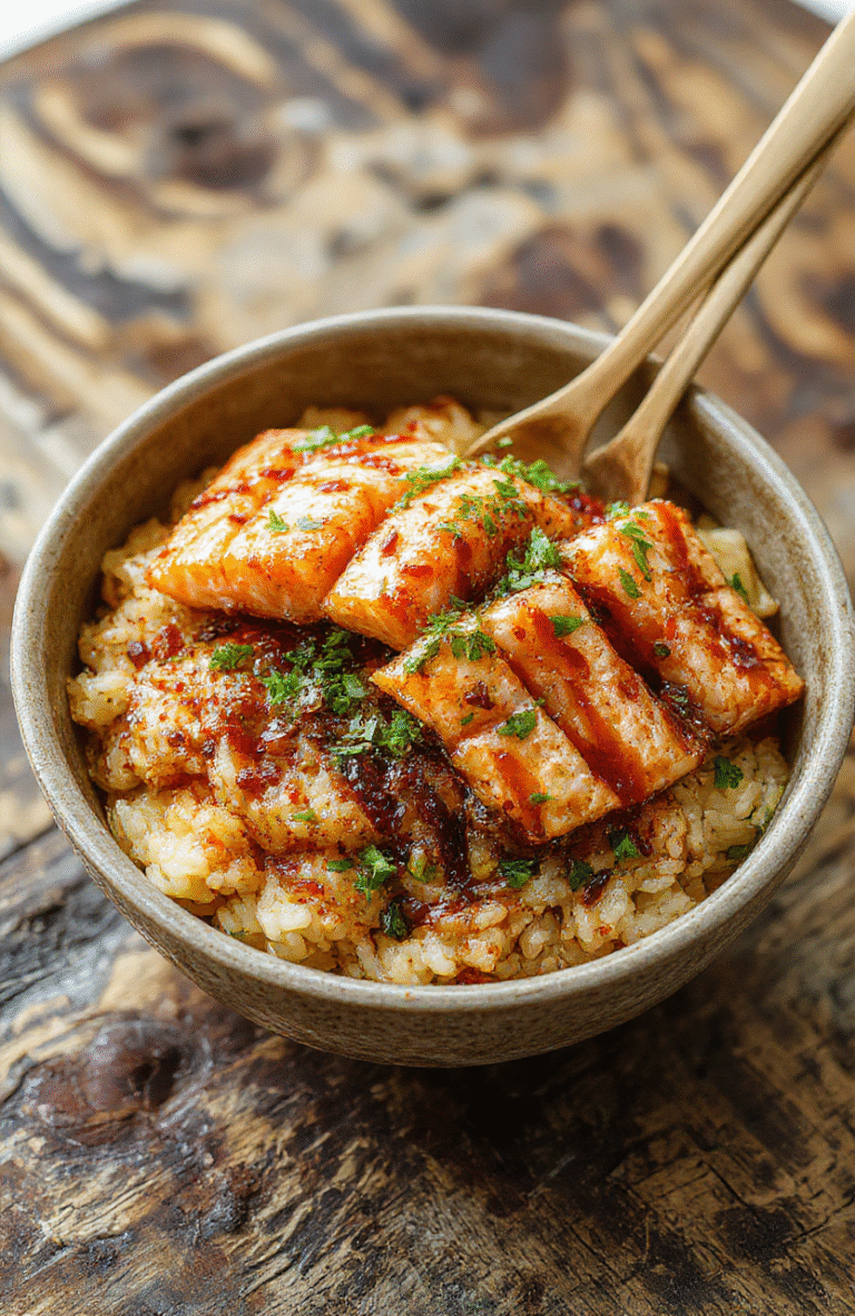 Colorful plate of crispy air fried salmon bites glazed with glossy teriyaki sauce, served over fluffy white rice garnished with green onions and sesame seeds, with a vibrant background of fresh vegetables and a rustic wooden surface.